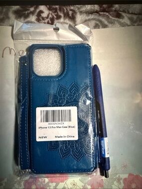 Blue iPhone 13 Pro Max Wallet Case with Mandala Embossed Design
